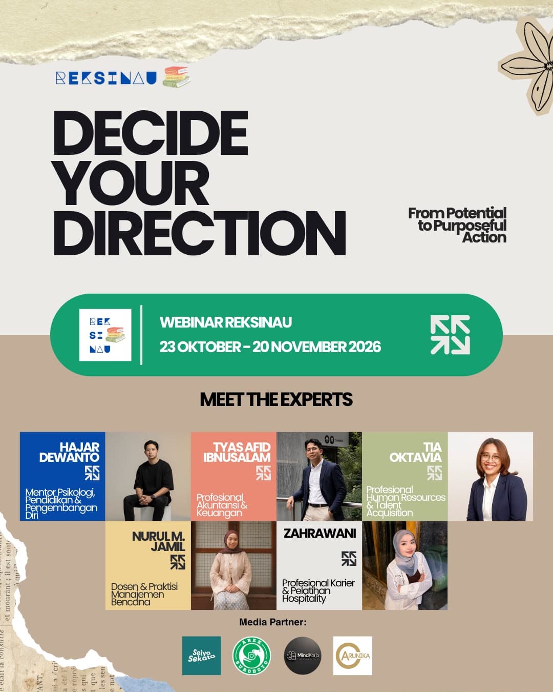 Poster Webinar Reksinau Decide Your Direction: From Potential to Purposeful Action, 23 Oktober – 20 November 2026, bersama Hajar Dewanto, Tyas Afid Ibnusalam, Tia Oktavia, Nurul M. Jamil, dan Zahrawani